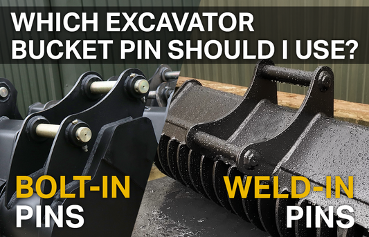 Excavator bucket with bolt in pins next to a bucket with weld in pins