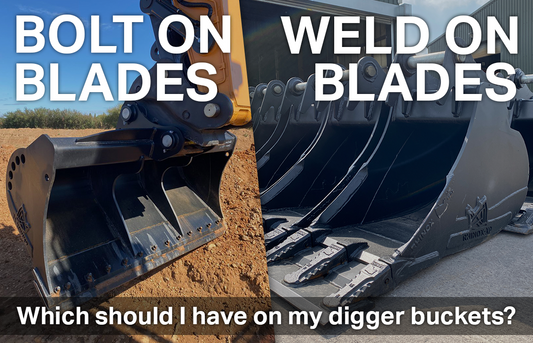 Left: Grading Bucket fitted with a bolt-on blade. Right: Digging Bucket fitted with a Weld on Blade