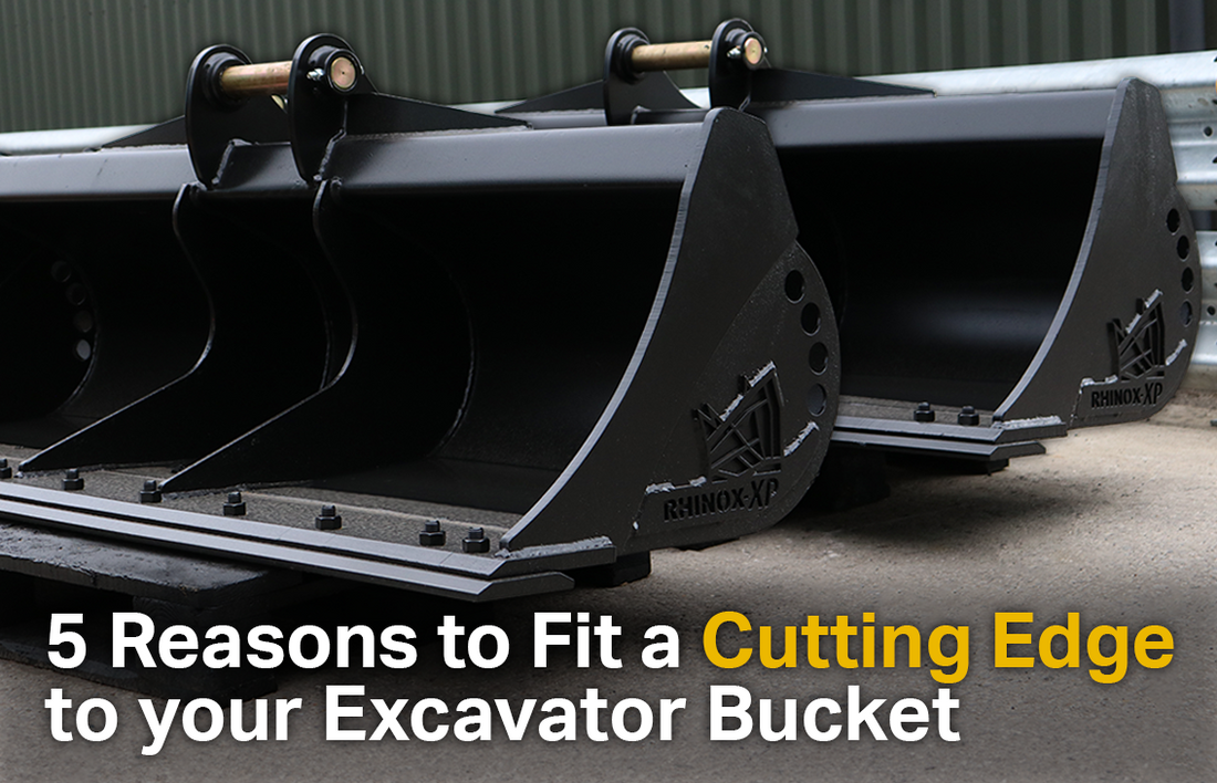 2x black excavator grading buckets fitted with bolt on cutting edges