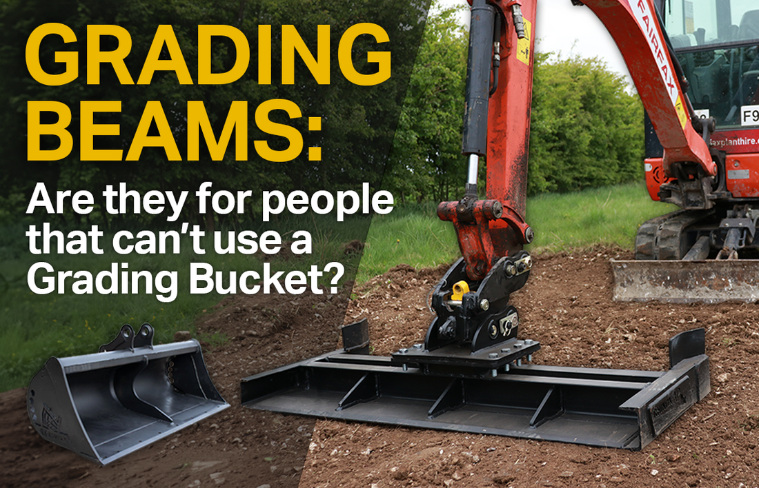 Rhinox Grading Beam on a Kubota Digger, next to a Rhinox Grading Bucket