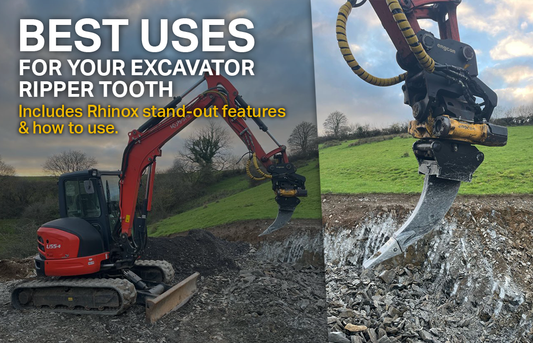 Ripper Tooth fitted to an excavator in the background. Ripper tooth close up on the right