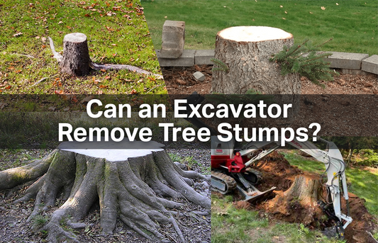 A small, medium and large tree stump, next to an excavator removing one form the ground