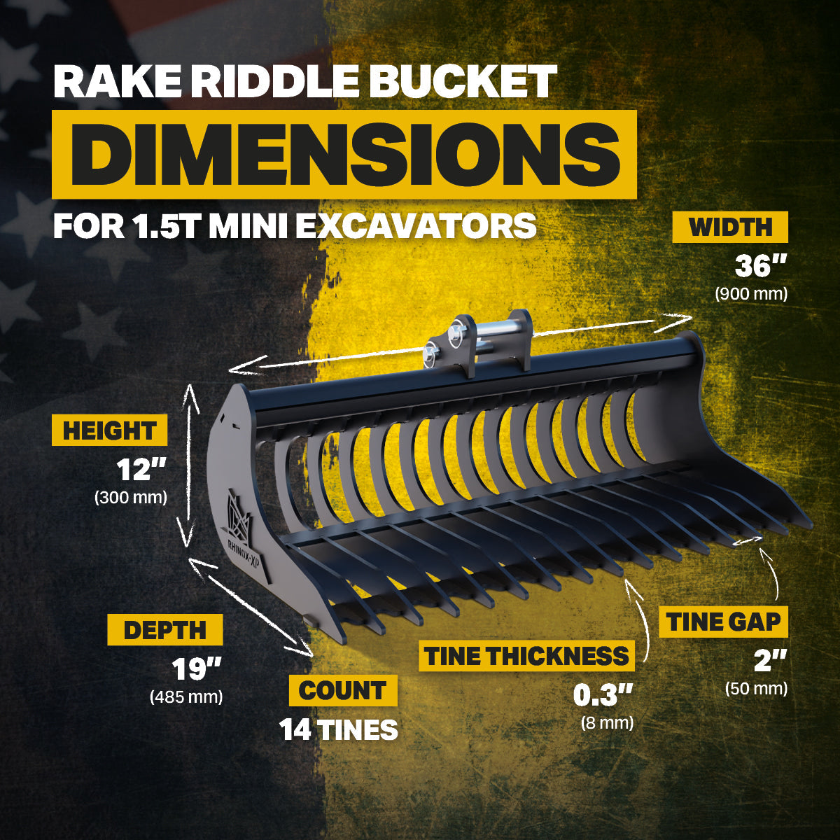 JCB 8020 / 8020 CTS Rake Riddle Bucket 36" / 900mm Infographic 3