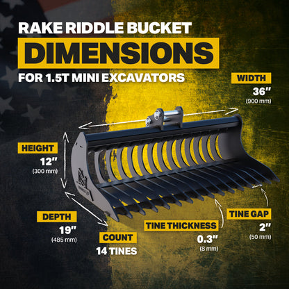 Hitachi ZX17U Rake Riddle Bucket 36" / 900mm Infographic 3