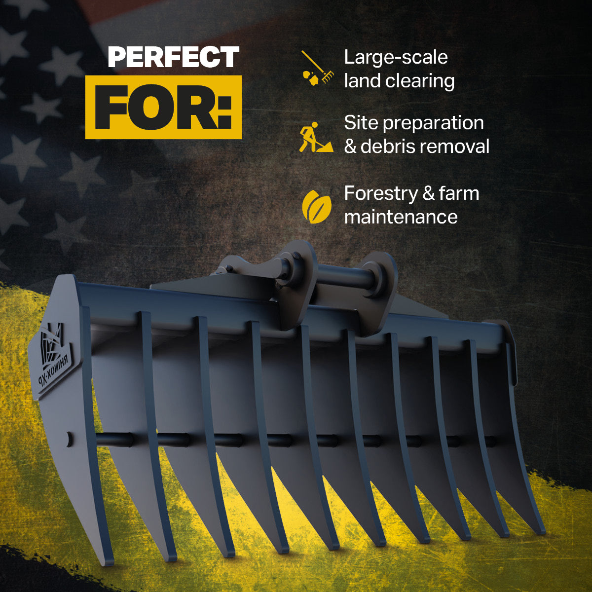 Komatsu PC138USLC-11  Excavator Land Clearance Rake - 72" Heavy Duty Infographic 1