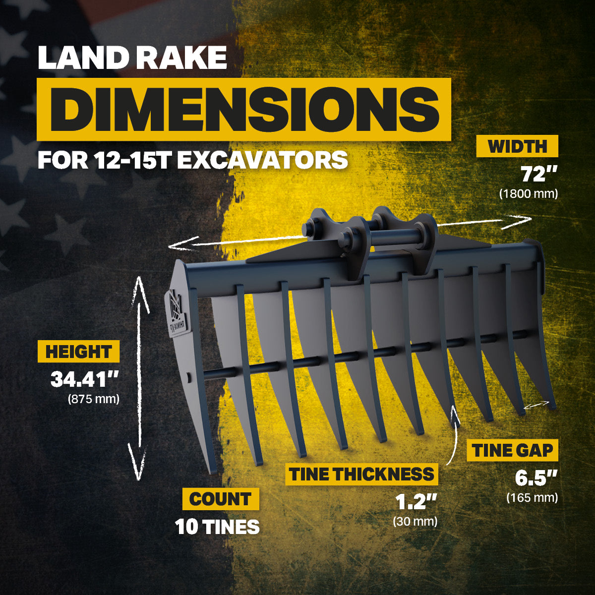 Linkbelt 145 X4 SPIN ACE  Excavator Land Clearance Rake - 72" Heavy Duty Infographic 2
