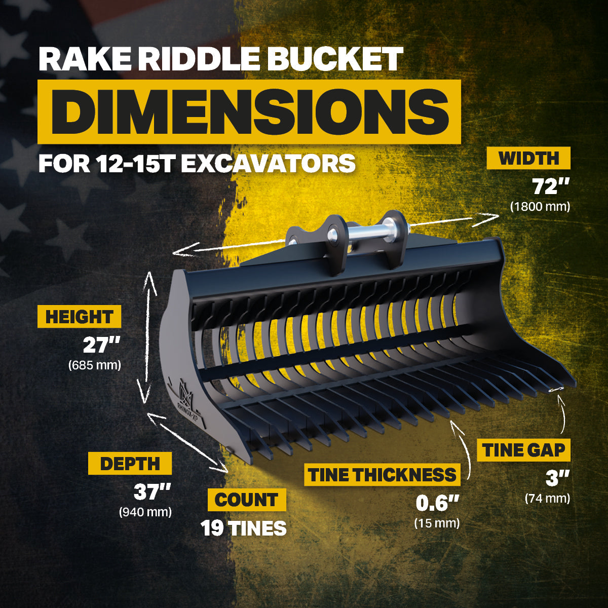 SANY SY135C  Excavator Rake Riddle Bucket - 72" Infographic 3