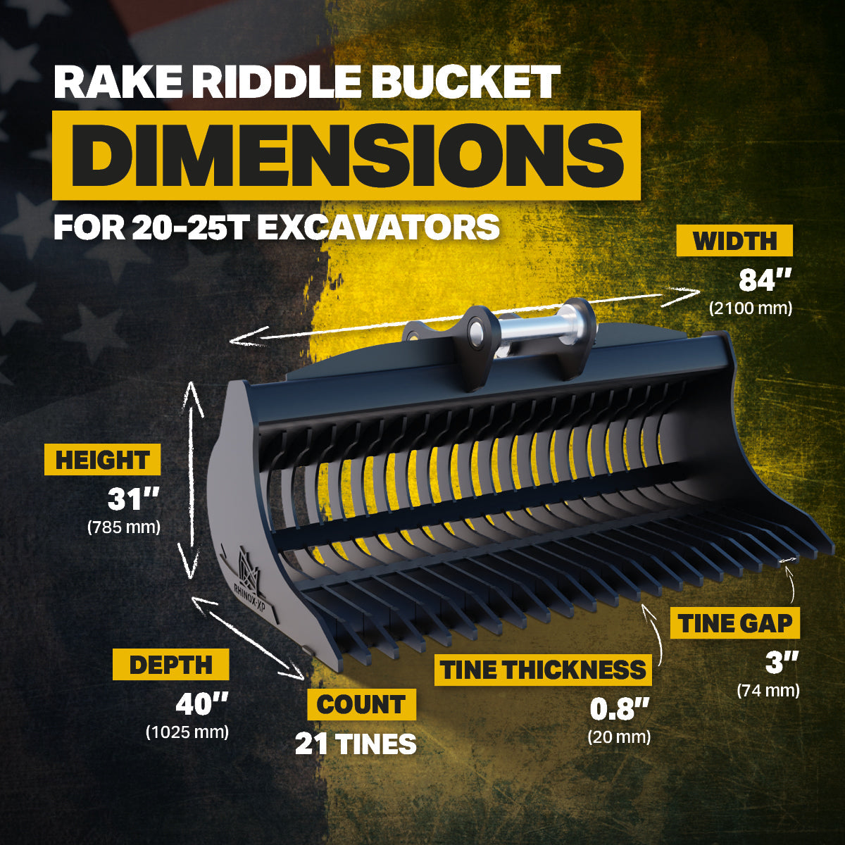Linkbelt 220 X4S Excavator Rake Riddle Bucket - 84" Infographic 3