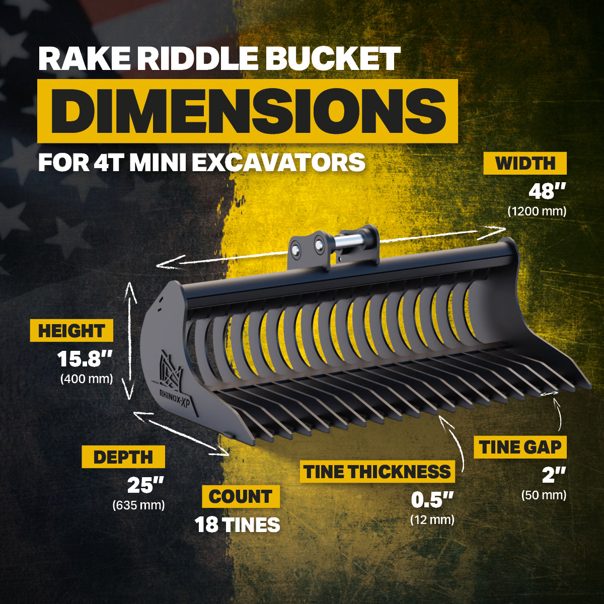 Kubota KX61-3 Quick Attach Rake Riddle Bucket 48" / 1200mm Infographic 3