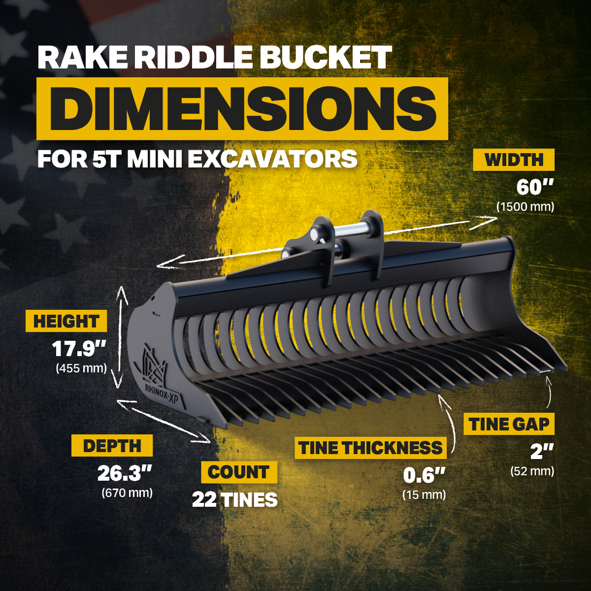 CAT 305 Rake Riddle Bucket 60" / 1500mm Infographic 3