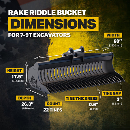 XCMG XE80E Rake Riddle Bucket 60" / 1500mm Infographic 3