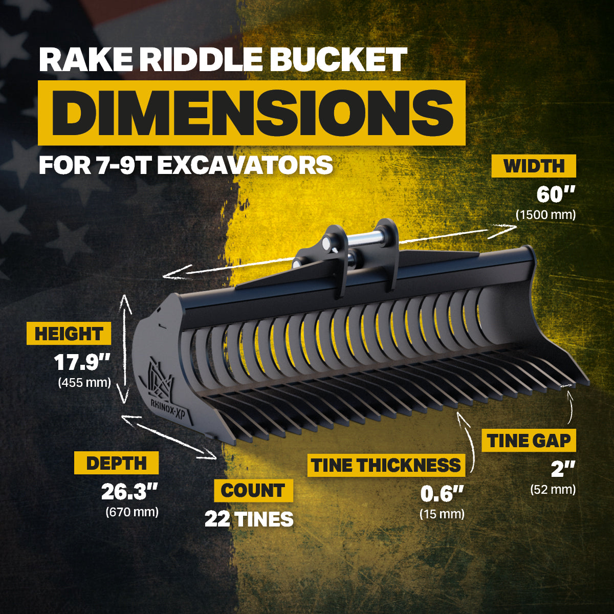Kubota KX080 Quick Attach Rake Riddle Bucket 60" / 1500mm Infographic 3